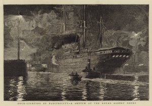 Dokkvilágítás elektromos árammal, vázlat a Royal Albert Docks-nál alkotó: William Lionel Wyllie